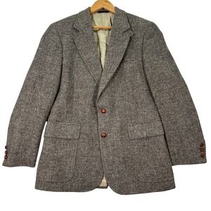 English Manor Mens 38R 100% TWEED Wool Herringbone Blazer Jacket Gray Beige EUC